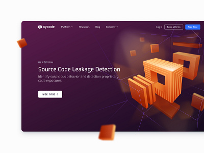 Cycode | Source Code Leakage Detection blurry code cta cyber detection dev devops exposures free trial geometric hero section homepage isometric landing page navigation platform policy security solution stack