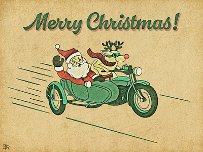 Merry Christmas_BRD_12-13-21 christmas illustration logo motorcycle procreate brushes reindeer rudolph santa side car vintage