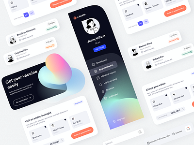 J.Health. Medical application 2d anna fesenko anya fesenko appointments clean clean design covid dashboard design app doctor gotoinc illustration medical medical app medicine mesh mesh gradients minimalism ux vaccination