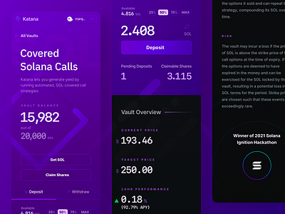 Katana Vault UI - Dark Mode, Mobile bitcoin blockchain crypto cube currency deposit ethereum invest katana market money nft phantom purchase sol solana strategy trade wallet withdraw