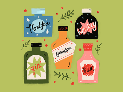 Sip Sip Hooray 12daysofcreativecheer alcohol bottles bourbon christmas cocktail drink gin holidays holly illustration procreate rum texture vodka whiskey