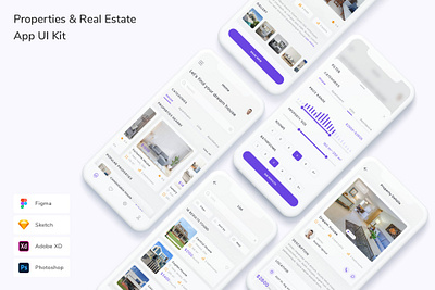 Properties & Real Estate App UI Kit apartment booking branding business design estate graphic design hotel html illustration kit landing properties real real estate rent rental ui web web development