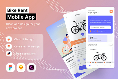 Bike Rent Mobile App app bike bike rent branding design designposter graphic design html iconography illustration landing landing page layout mobile app template ui vector web web development website