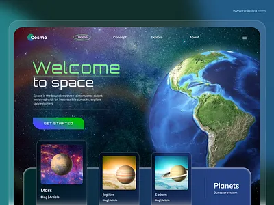 Cosmo Planet Explorer art branding color design earth exploration galaxy graphic design header hero page illustration minimal planets space trending ui universe ux vector website