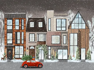 Winter street - Christmas time christmas christmastime cozy design holiday house illustration pinetree procreate sketch sketching street winter winter street