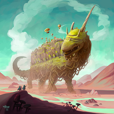 Onbu the Giant Roamer animal artwork blue calming conceptart creature desert development digital game illustration mountain mushroom nature painting peaceful river sky videogame