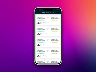 Shift Swapping app app design application calendar design figma gradient iphone modal planner product design prototype schedule shift slide tray ui ui ux ux work