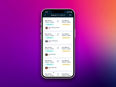 Shift Swapping app app design application calendar design figma gradient iphone modal planner product design prototype schedule shift slide tray ui ui ux ux work