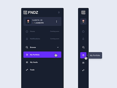 FNDZ Platform Sidebar admin animation branding clean collapsable sidebar crypto dashboard ui design menu nav side menu side nav side navigation sidebar tabs ui ux web website