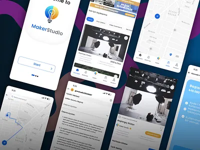 Maker Studio – Studio Rental App UI 🎬 appdesign branding contentcreation creativestudio figmadesign logo mobileappdesign modernui productdesign studiorental ui