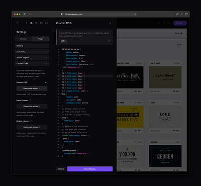 Editor ‣ Custom CSS builder clean clean ui dark dark mode ecommerce ecommerce app elementor minimal page builder shopping shopping app site site builder ui ux webflow website builder wix