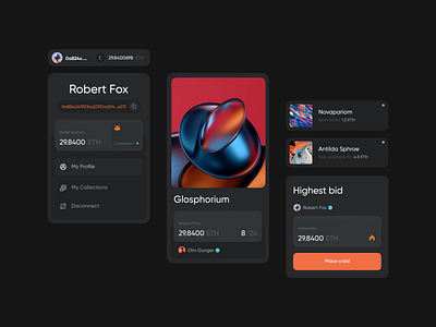 NFT Marketplace UI Card app cards clean components crypto dark theme design ethereum interface landing page marketplace minimal modern nft npw ui ux web website