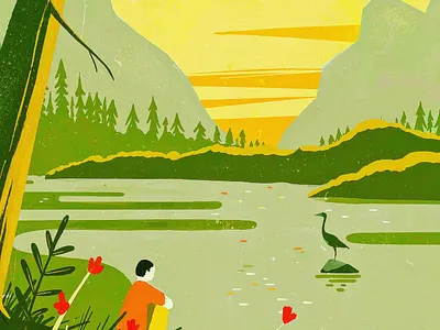 Sunset and the heron bird birds bold color palette colorful contemporary digital painting flowers heron illustration landscape minimalistic mountains naive sunset usa water wildlife