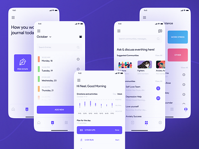 Mental Health Journaling App animation app design application brain calm colors graphic design health ui journal app journaling meditate meditation mental health modern modern app ui