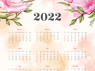 Watercolor cherry blossom new year 2022 calendar template 2022 agenda art background calendar calendar 2022 cherry blossom date floral flower happy new year illustration leaf office poster print schedule template watercolor year