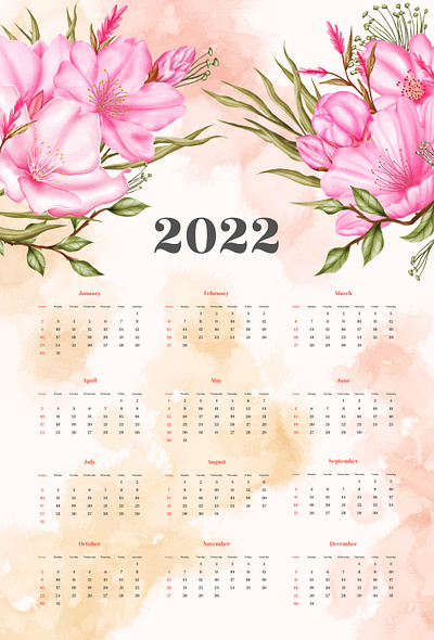 Watercolor cherry blossom new year 2022 calendar template 2022 agenda art background calendar calendar 2022 cherry blossom date floral flower happy new year illustration leaf office poster print schedule template watercolor year