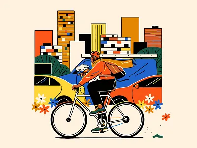 Protected Lanes bike buildings city cyclist design dog editorial flat illustration lane nature simple skyline spot spotillustration traffic vector