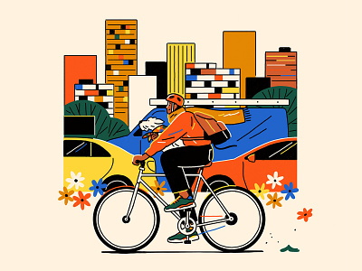 Protected Lanes bike buildings city cyclist design dog editorial flat illustration lane nature simple skyline spot spotillustration traffic vector