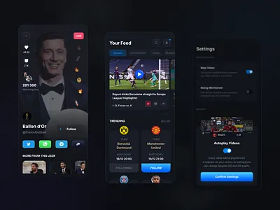 Video hosting & livestream mobile app app dark dark theme design football live livestream mobile mobile app mobile ux modern phone sport straming stream ui user experience user interface ux video