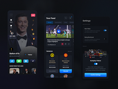 Video hosting & livestream mobile app app dark dark theme design football live livestream mobile mobile app mobile ux modern phone sport straming stream ui user experience user interface ux video