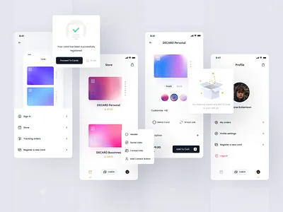 DECARD Mobile App Design - app app design app ui bank card gradient link maker minimal mobile mobile app payment profile scan shop social store ui