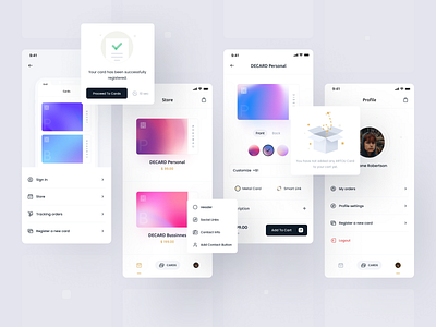 DECARD Mobile App Design - app app design app ui bank card gradient link maker minimal mobile mobile app payment profile scan shop social store ui