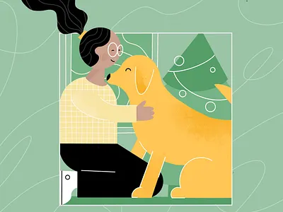 A human's best friend 2d christmass design dog flat design golden retriever green illustration ipad lines procreate tree woman xmass yellow