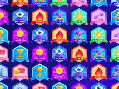 Achievements for a developer training platform achievement appsec award awards badges challenge developer fire gamification god mode level up pin badges security shield sticker set swords training vector victory winner
