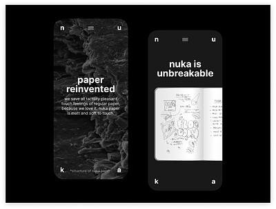 Nuka Mobile Layout app blackwhite branding concept design landing page minimal minimalistic mobile mobile design notebook pencil promo website startup stationery ui uiux ux web website