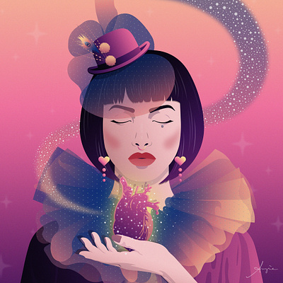 Pierrot with A Broken Heart - NFT Art blue broken heart colour contrast flat design illustration nft nft art nft artist nft community nft editions pierrot pink portrait purple vector vector art woman yellow