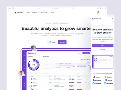 CRM analytics website — Untitled UI clean ui design system figma header landing page marketing site minimal minimalism saas simple ui kit web design webflow