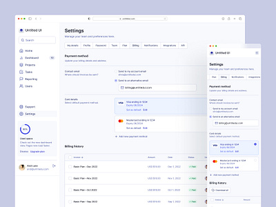 Billing and payment settings — Untitled UI dashboard design system figma form minimalism preferences settings side bar sidebar sidenav table tabs ui kit