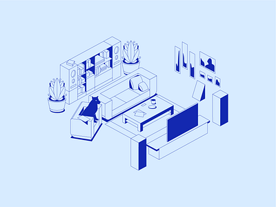 Recovco 3d 3d art 3d illustration blue bookshelf couch home illustration isometric isometric art living room livingroom plants shelves table vector