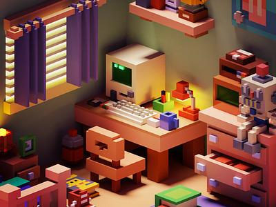 Isometric Voxel ROOM 3d bedroom computer daylight graphic design illustration night pikachu robot room voxel