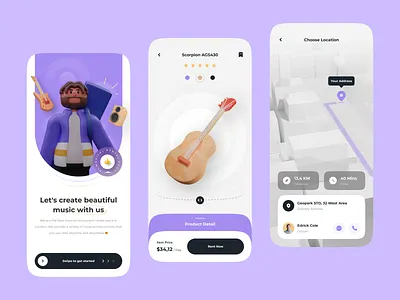 Musicly - Musical Instrument Rental App 3d 3d design 3d map 3d modeling app app design clean minimal mobile app music musical instrument rental rental app ui uiux