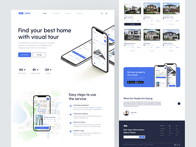 Sewo - Real Estate App Landing Page app store card download app how it works landing page maps mockup play store real estate real estate app real estate landing page testimony uiux