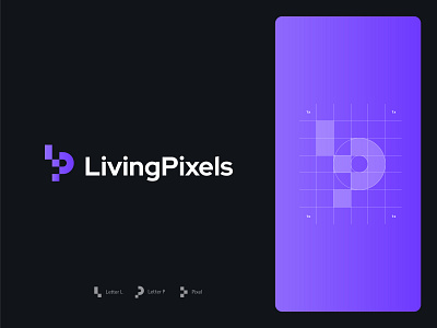 LivingPixels Logo 2021 app branding clean design gradient illustration letter l letter p logo modern nft pixels popular simple start up studio ui unicorn unique