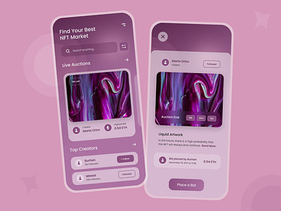 NFT Marketplace App app design art auction app bid bitcoin clean design designer marketplace minimal mobile mobile app nft nft app store ui