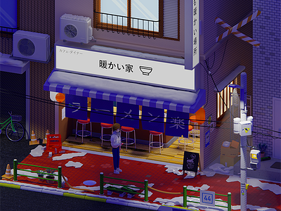 Winter Ramen 2d 3d blender blender3d build building character city cycles design illustration isometric isometry japan japanese nft ramen render street stylize