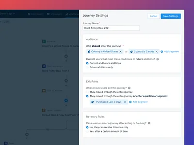 OneSignal Journey Settings automation builder campaigns canvas flow form interface journey marketing messaging nodes notifications panel sequences settings ui workflow