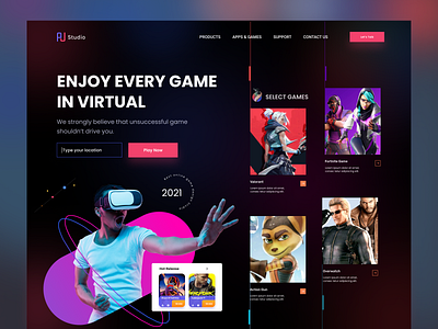 Virtual Gaming Platform Dark UI creative ui dark landing page dark ui game website homepage landing page online games website playing games ui design web design web ui