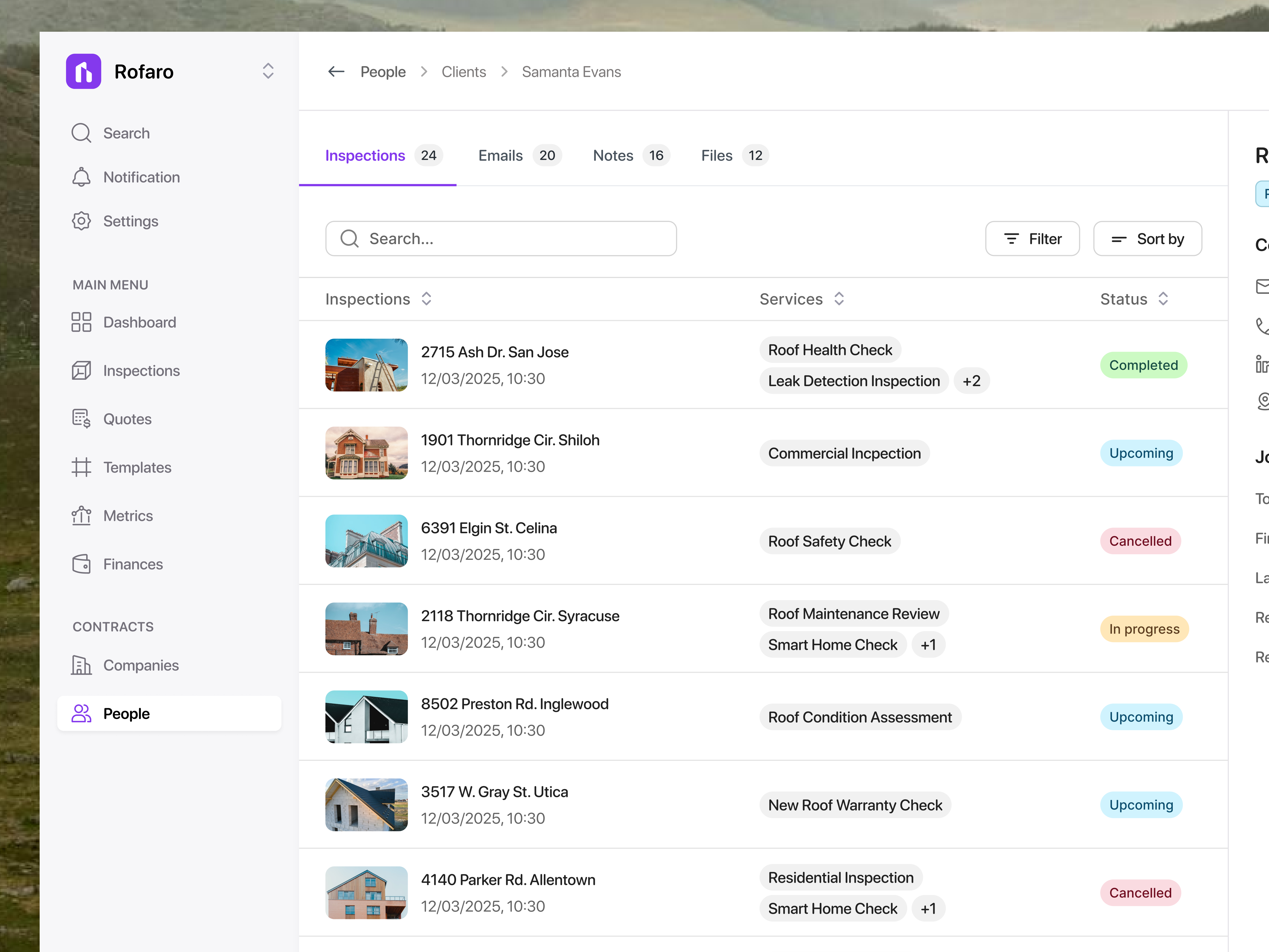 Client Details - Roofing Inspections client list construction dashboard email energy inspection notes product design property roof roofing saas saas dashboard saas design saas webapp solar todo ui design webapp