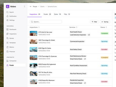Client Details - Roofing Inspections client list construction dashboard email energy inspection notes product design property roof roofing saas saas dashboard saas design saas webapp solar todo ui design webapp