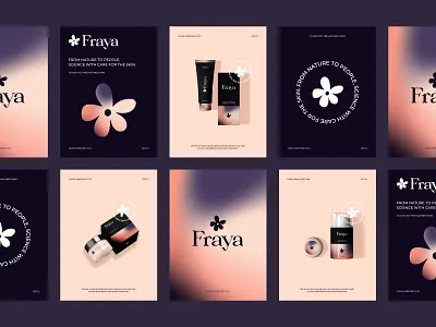 Fraya Skincare - Posters aesthetics box brand design brand identity branding cosmetic flower gradient jar logo logotype pattern poster skincare trademark tube typography