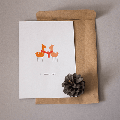 Cozy Christmas Postcard Illustration with deers christmas graphic design illustration print postcard deer ty typography