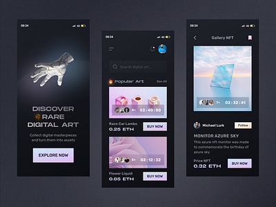 NFT Mobile Apps Design bitcoin blockhain cart cryptocurrency dark digital art digital works dogecoin ethereum illustration mobile apps nft nft aps nft art rareitem token ui uiux ux wallet