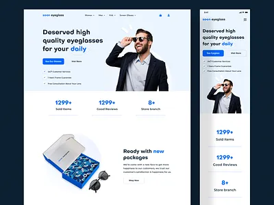 E-commerce - Soon Eyeglass Responsive Website blue branding clean concept design e commerce figma fresh logo mobile product product design responsive ui ux website