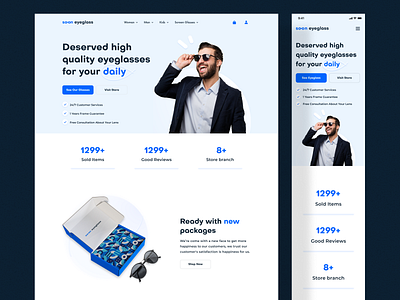 E-commerce - Soon Eyeglass Responsive Website blue branding clean concept design e commerce figma fresh logo mobile product product design responsive ui ux website