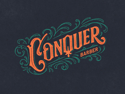 Conquer Barber design distressed illustration lettering logo logotype raw type typography vector victorian vintage