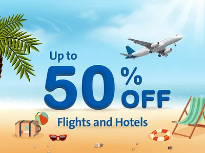 Flights and Hotels discount banner for Social Media beach discount beach travel vector beach vector branding discount travel flights and hotels graphic design illustration saquib sheikh social media travel design vector design